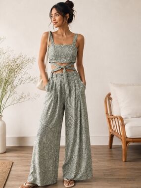 Sage Floral Two-Piece Wide Leg Pants Set – Size M